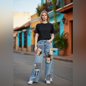 BDG Light Blue Patchwork Wide-Leg Jeans